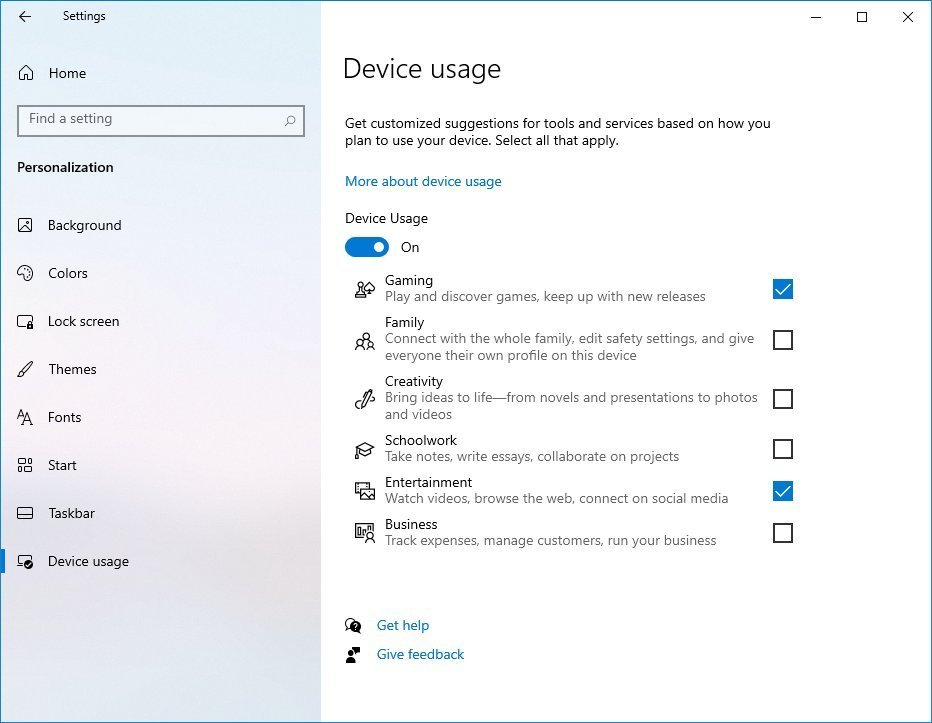 Windows 10 Device Usage settings