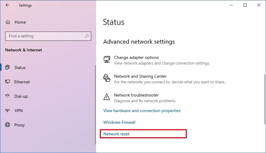 Windows 10 Settings network reset option