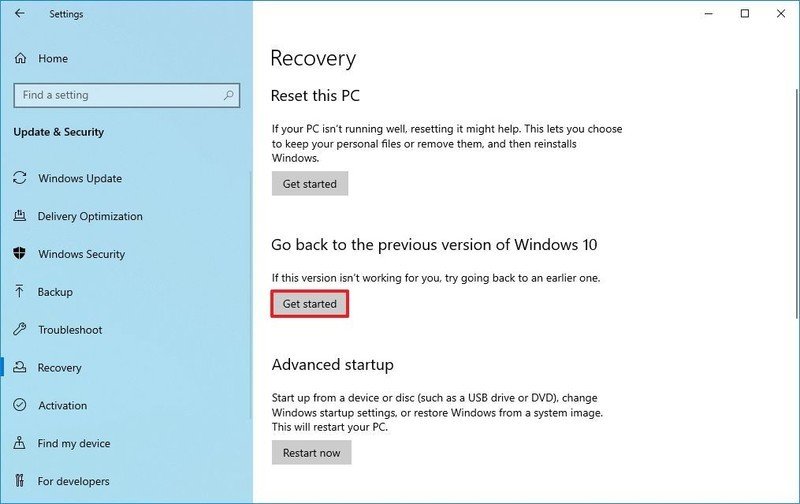 Windows 10 rollback option