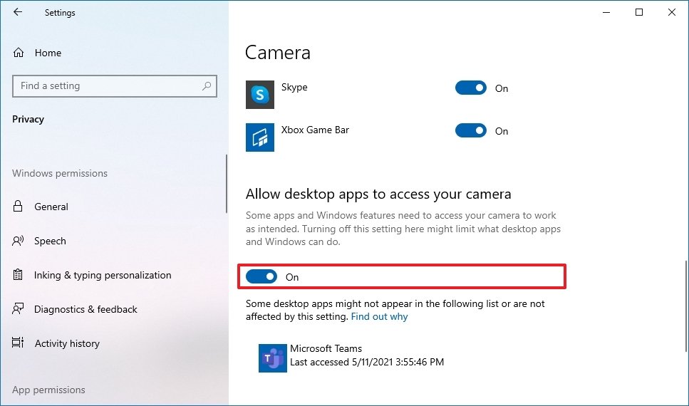 Windows 10 allow camera Microsoft Teams