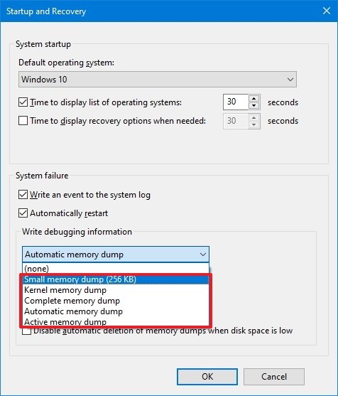 Windows 10 crash dump settings