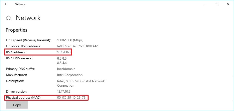 Windows 10 network card IP and MAC