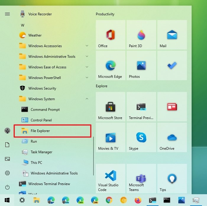 Start menu File Explorer icon