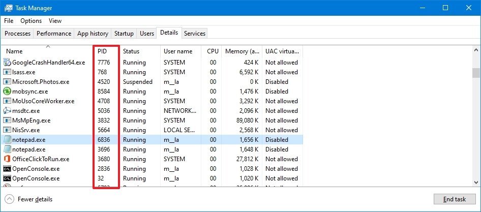 Task Manager Details tab process ID