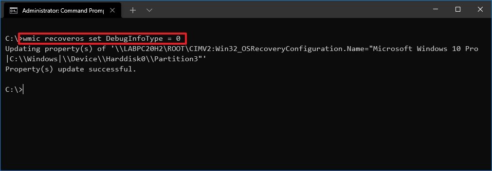 Windows 10 disable dump file command