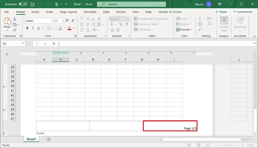Rodapé de edição do Excel