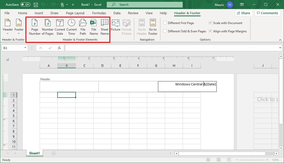 Excel header and footer elements