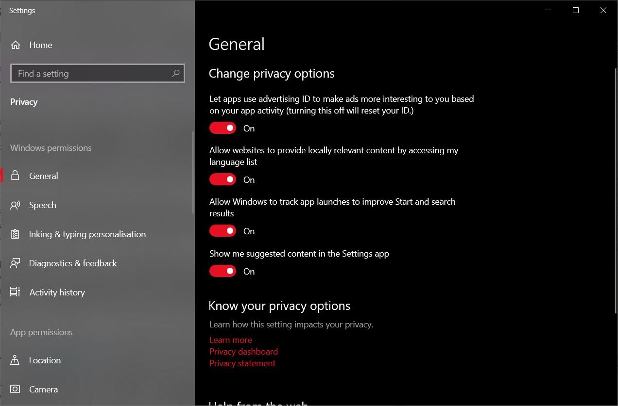 Configurações de privacidade da Microsoft