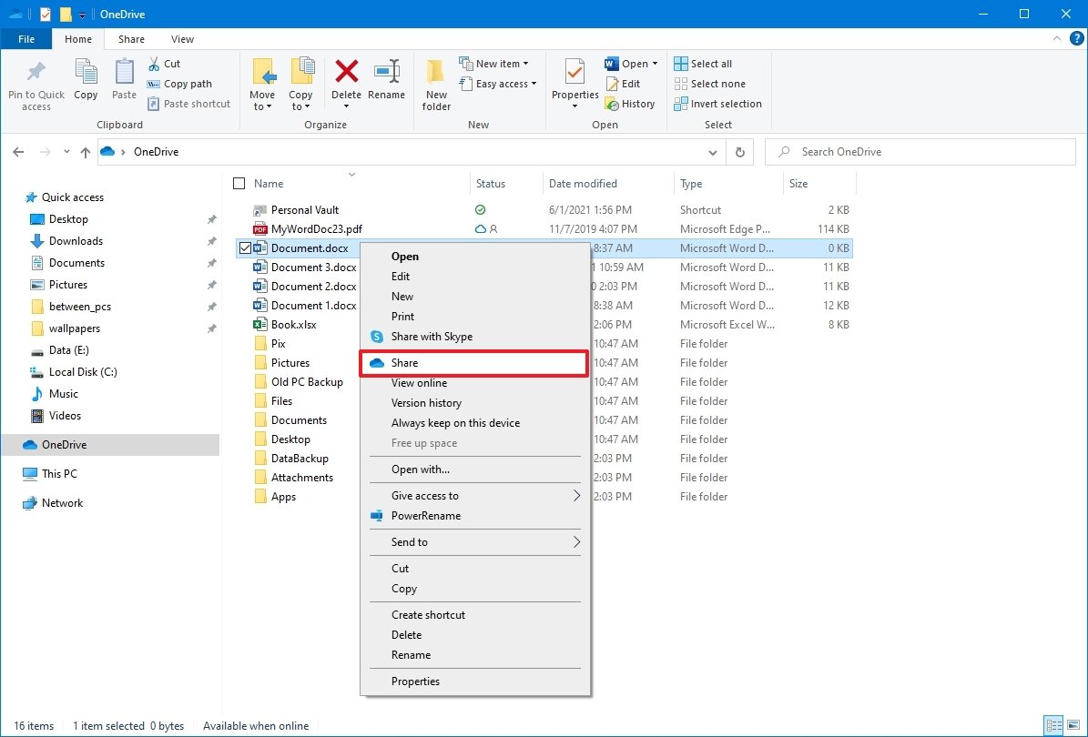 Onedrive share files on Windows 10