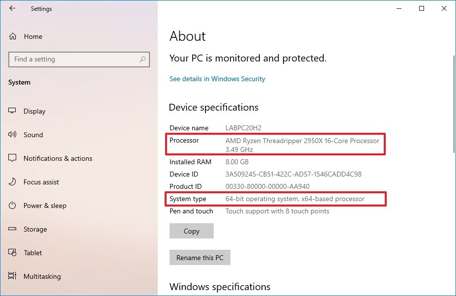 Informações do processador de configurações do Windows 10