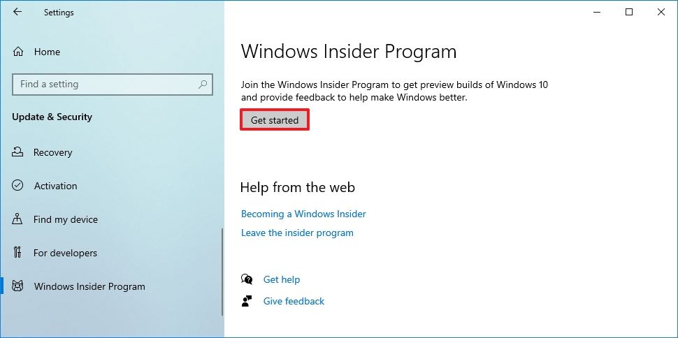 Configurações do programa Windows Insider