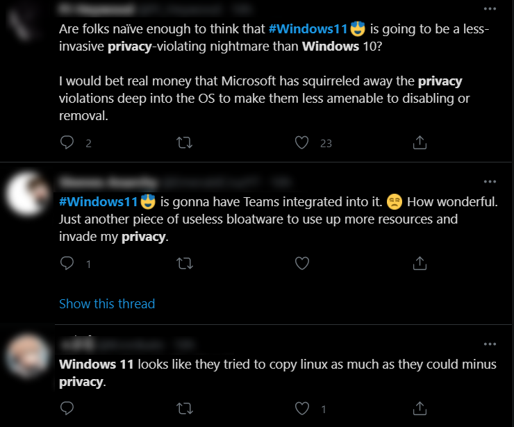 Tweets de privacidade do Windows 11