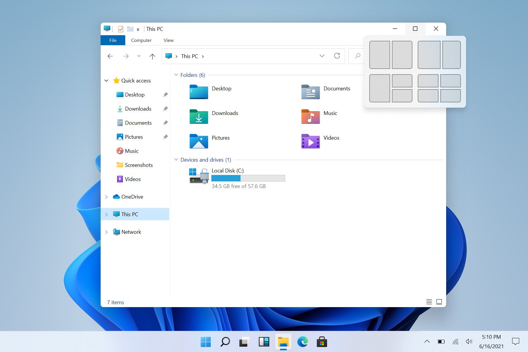 Captura de tela do menu instantâneo do Windows 11