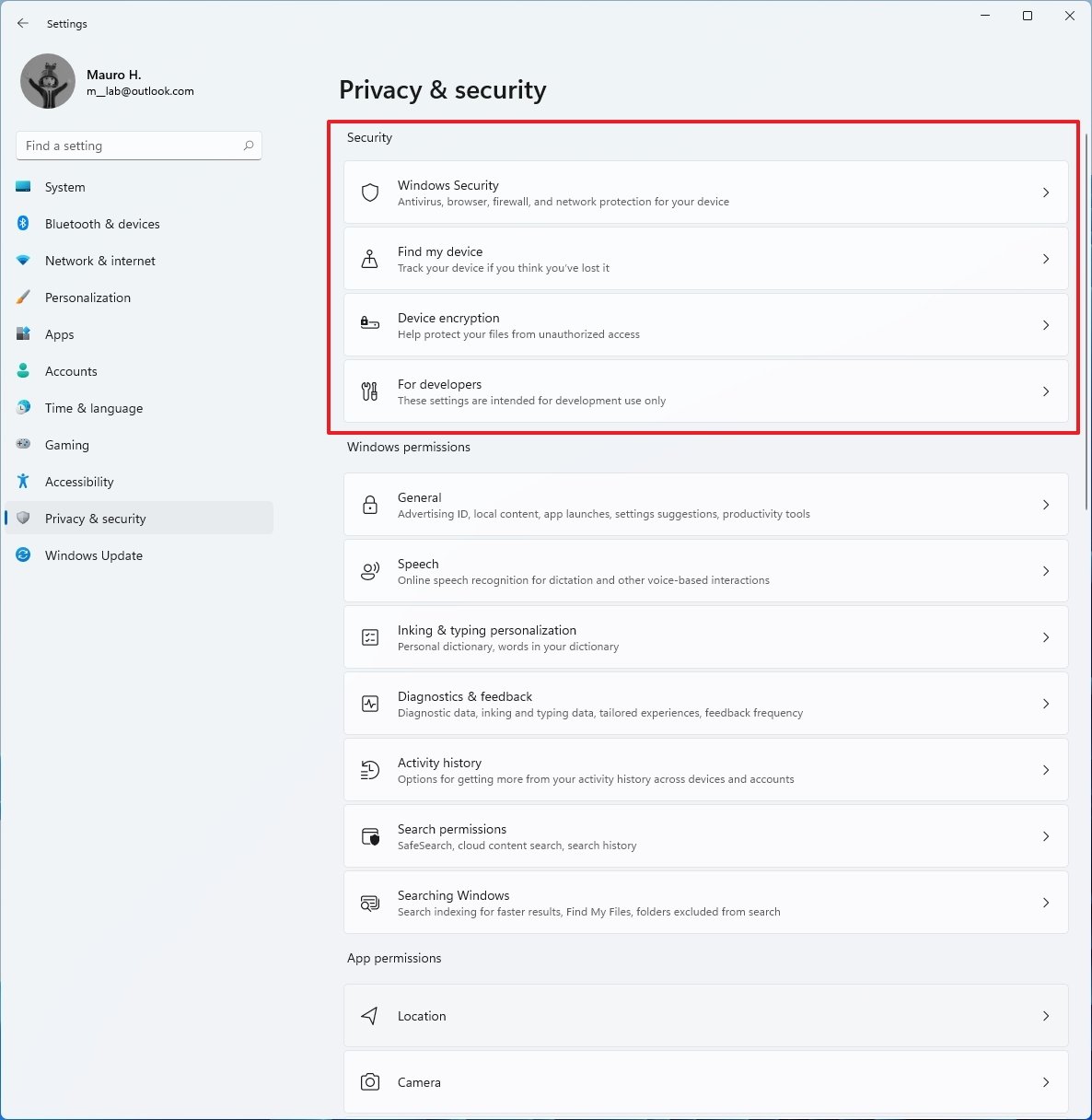Windows 11 Privacy & Security settings