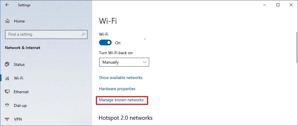 Windows 10 manage known network option