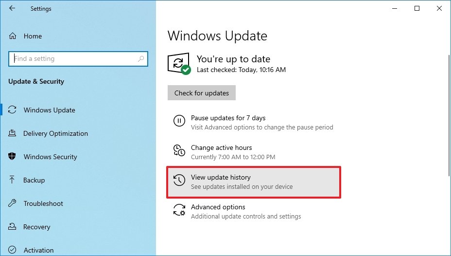 Windows Update history option