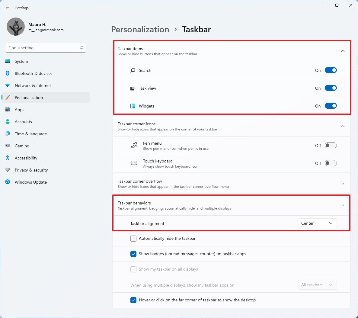Windows 11 Taskbar settings