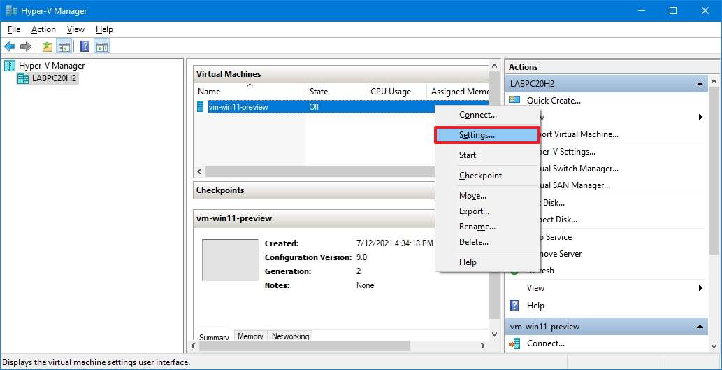 Opção de configurações de máquina virtual do Windows 11