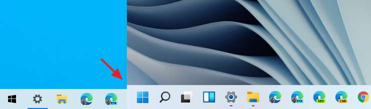 Windows 10 taskbar (left), Windows 11 taskbar (right)