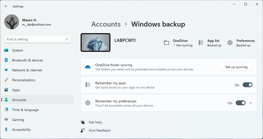 Windows backup settings
