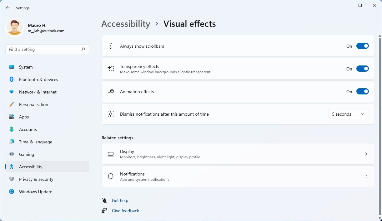 Accessibility Visual Effects Settings