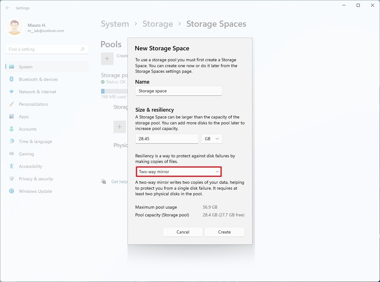 Create Storage Space on Windows 11