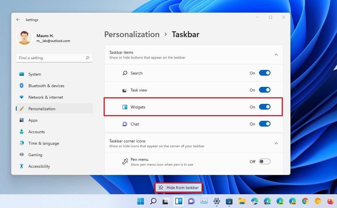 Disable the Widgets button on the taskbar