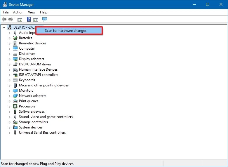 Device Manager scan for new devices option