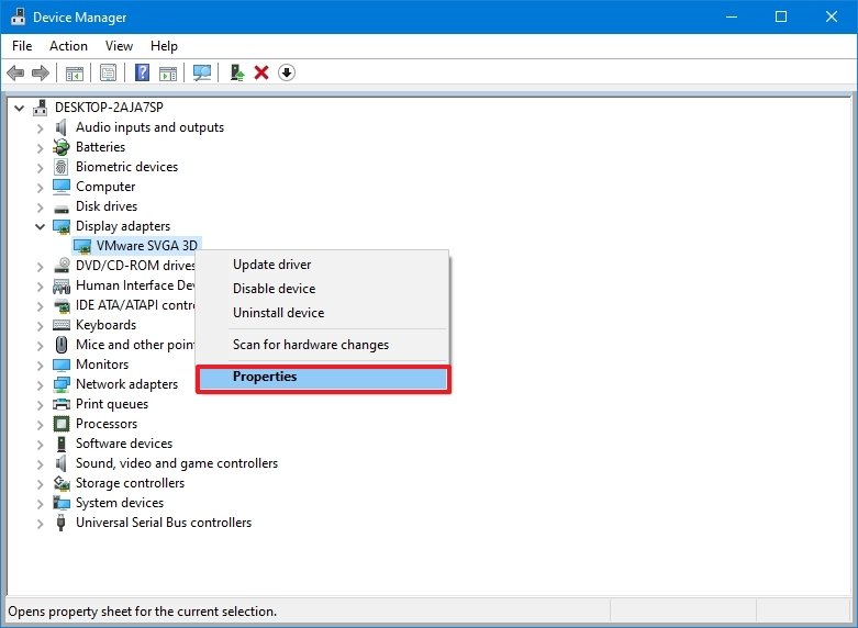 Device Manager device properties option