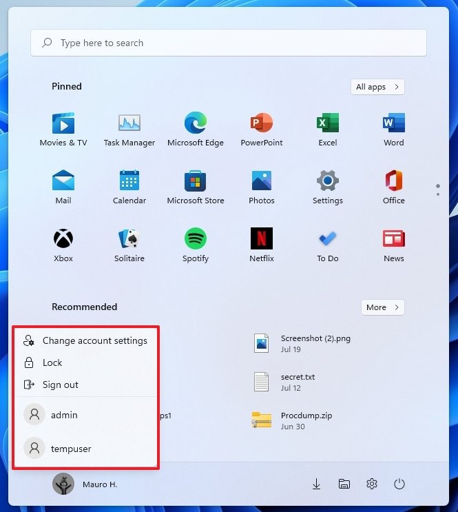 Windows 11 Start profile menu