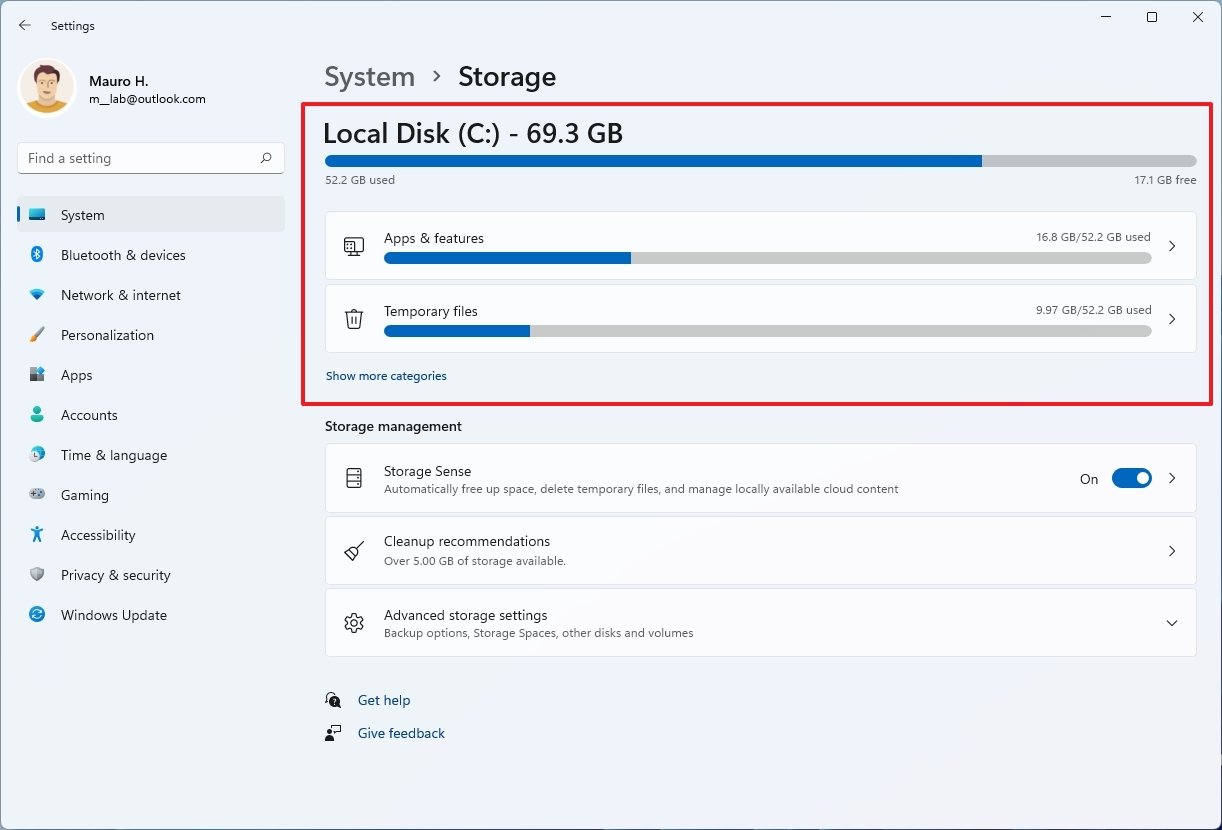 Storage settings with local drive info