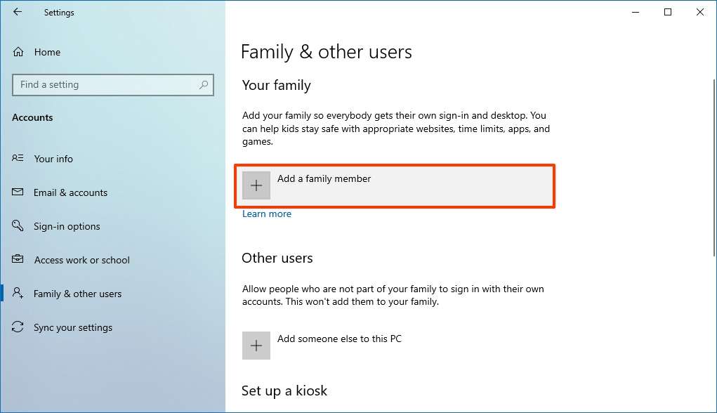 Create Windows 10 child account