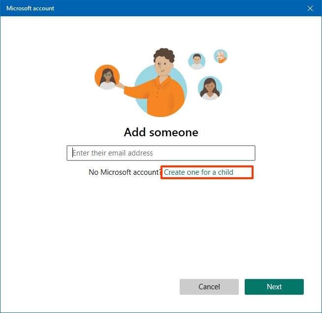 Microsoft account child option