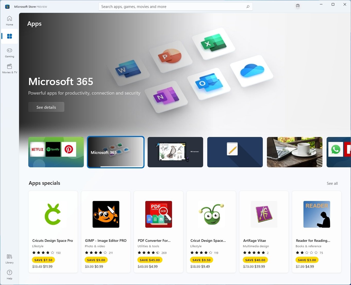 Razdelek aplikacij za Microsoft Store