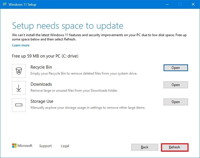 Confirm available space on Windows 11 setup