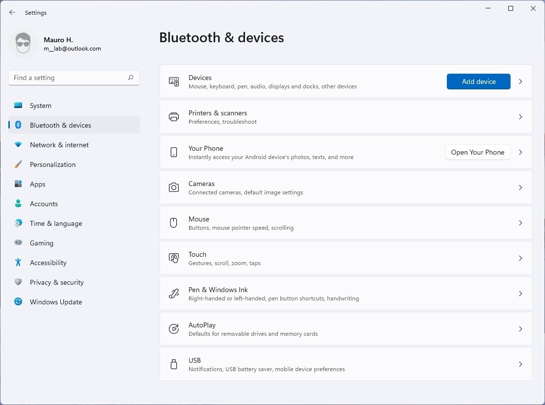 Bluetooth &amp; devices settings on Windows 11