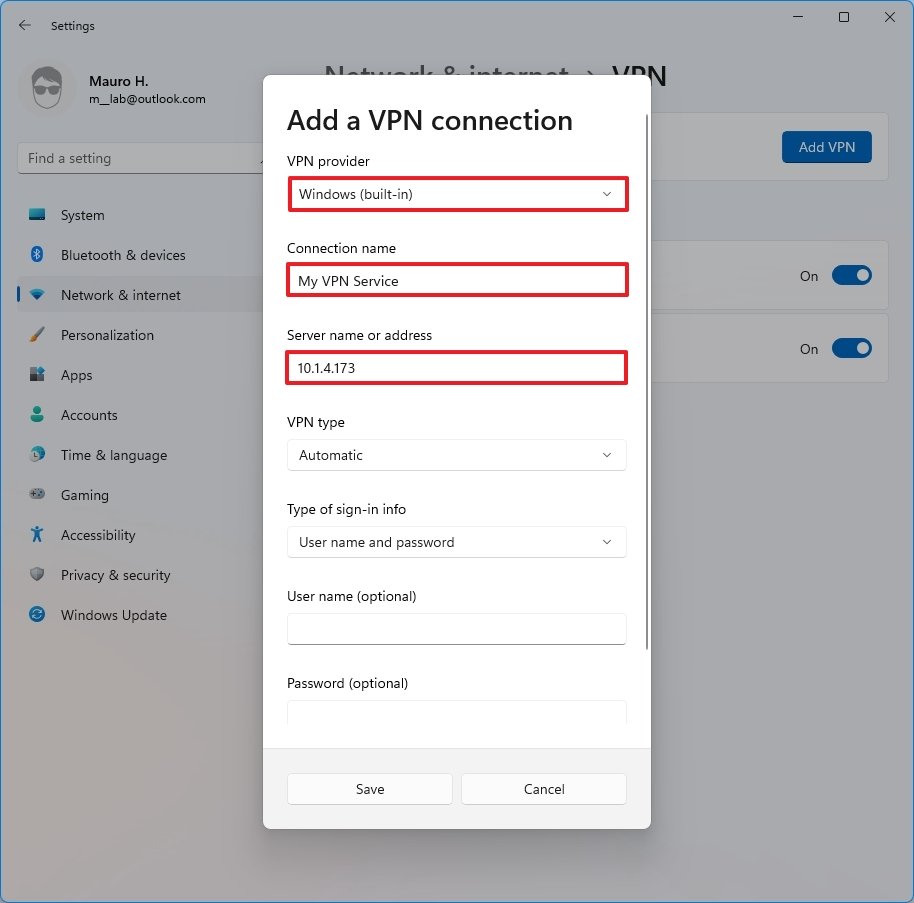 Create VPN connection on Windows 11