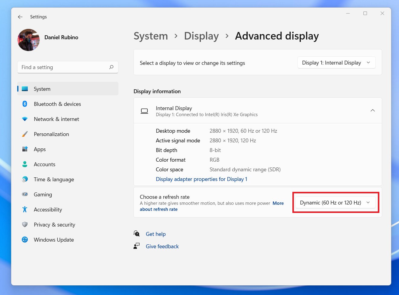 Taxa de atualização dinâmica Windows11 Surfacepro