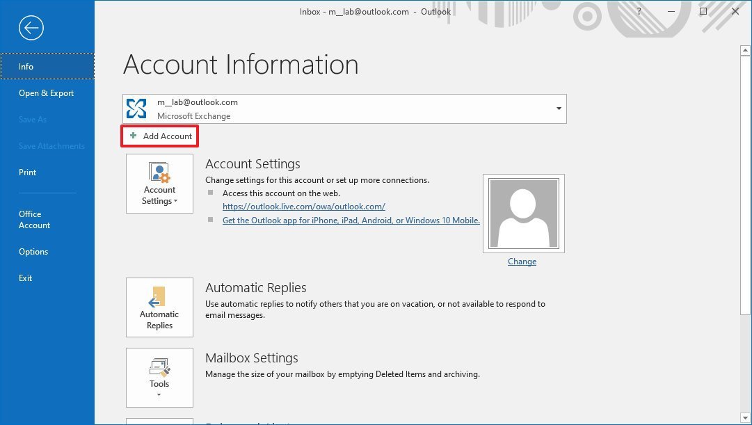 Outlook add account option