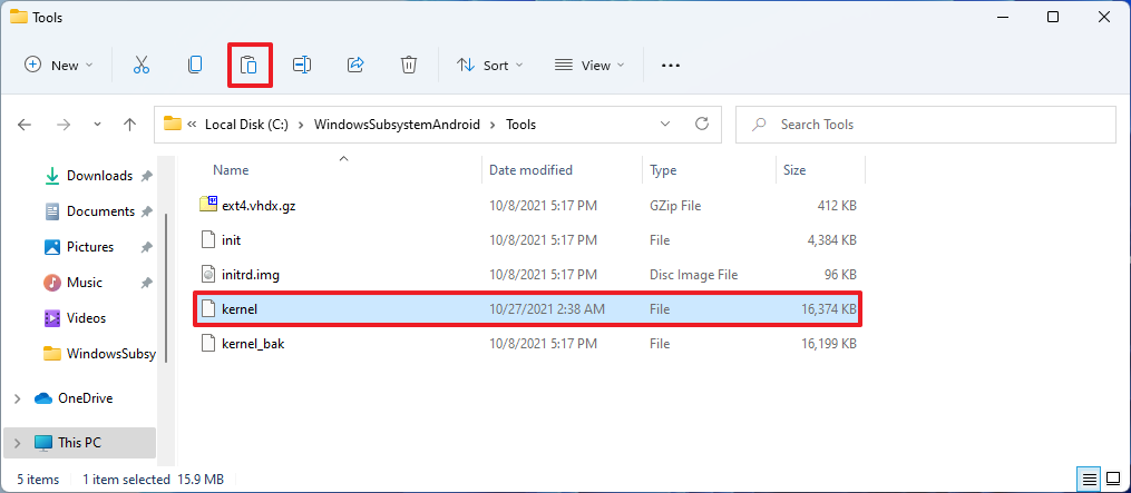 Paste Kernel file in the WindowsSubsystemAndroid folder