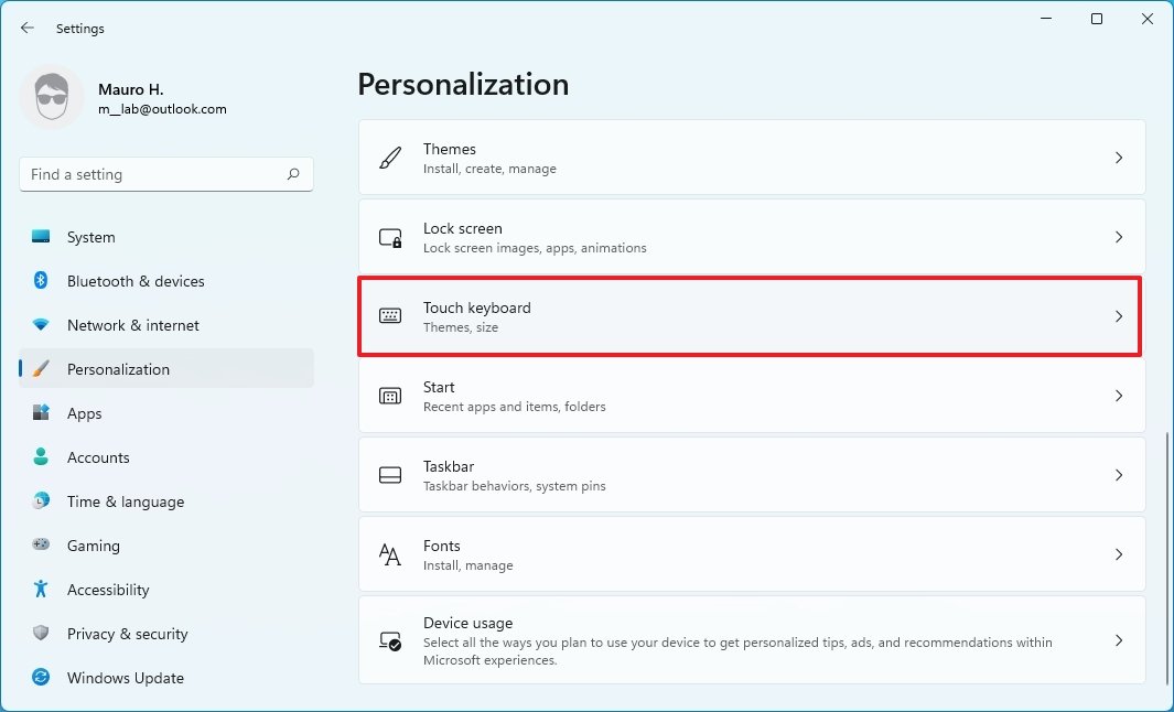 Personalization with Touch Keyboard selected