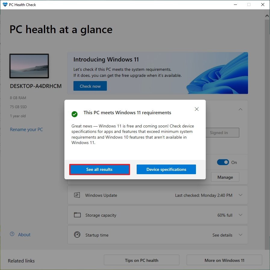 PC Health Check app results