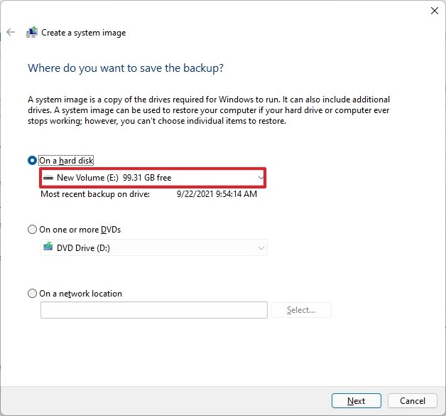 Select Windows 11 backup storage destination