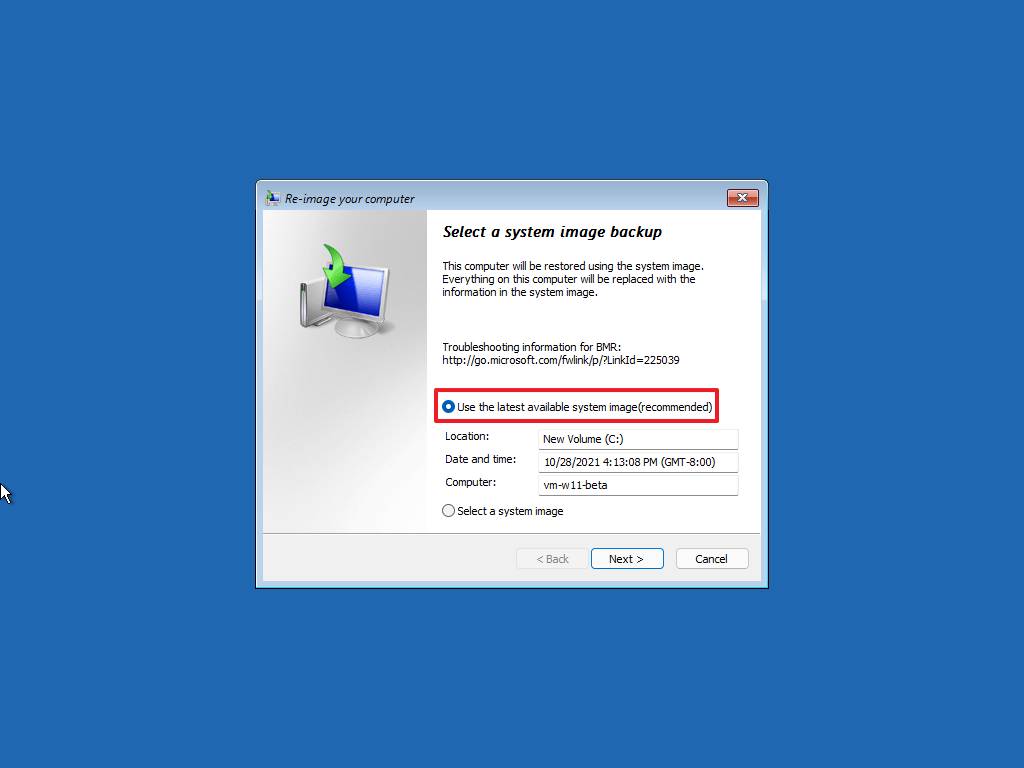 Selecione o backup do Windows 11 para restaurar