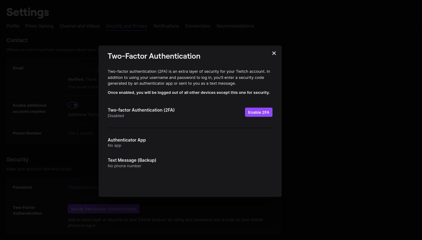 Configuração do Twitch 2fa
