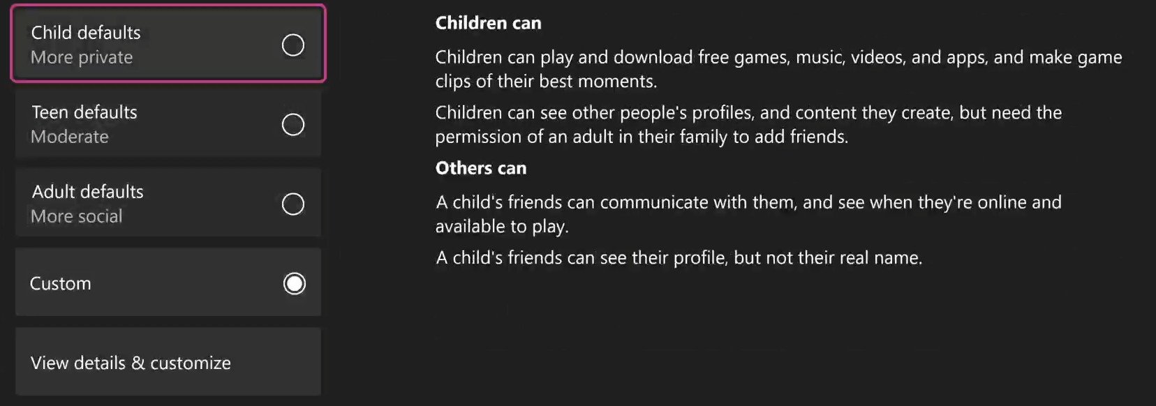 Padrões de conteúdo das configurações da família do Xbox