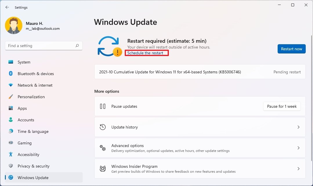 Reinício da programação do Windows Update