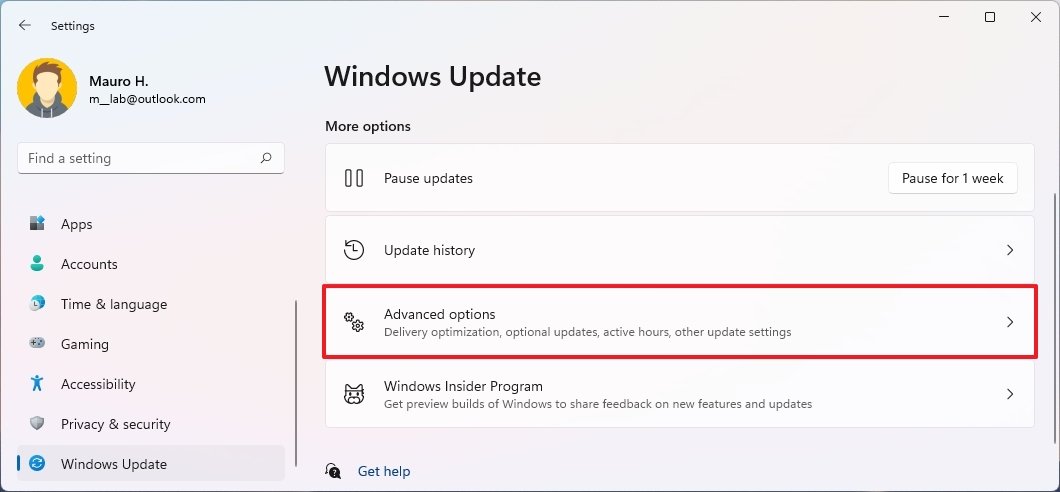 Opções avançadas do Windows 11