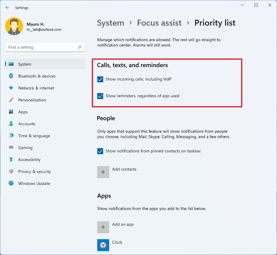 Lista de Prioridades do Windows 11 Focus Assist