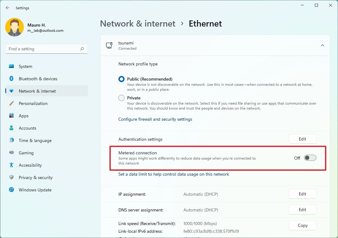 Disable Ethernet metered connection